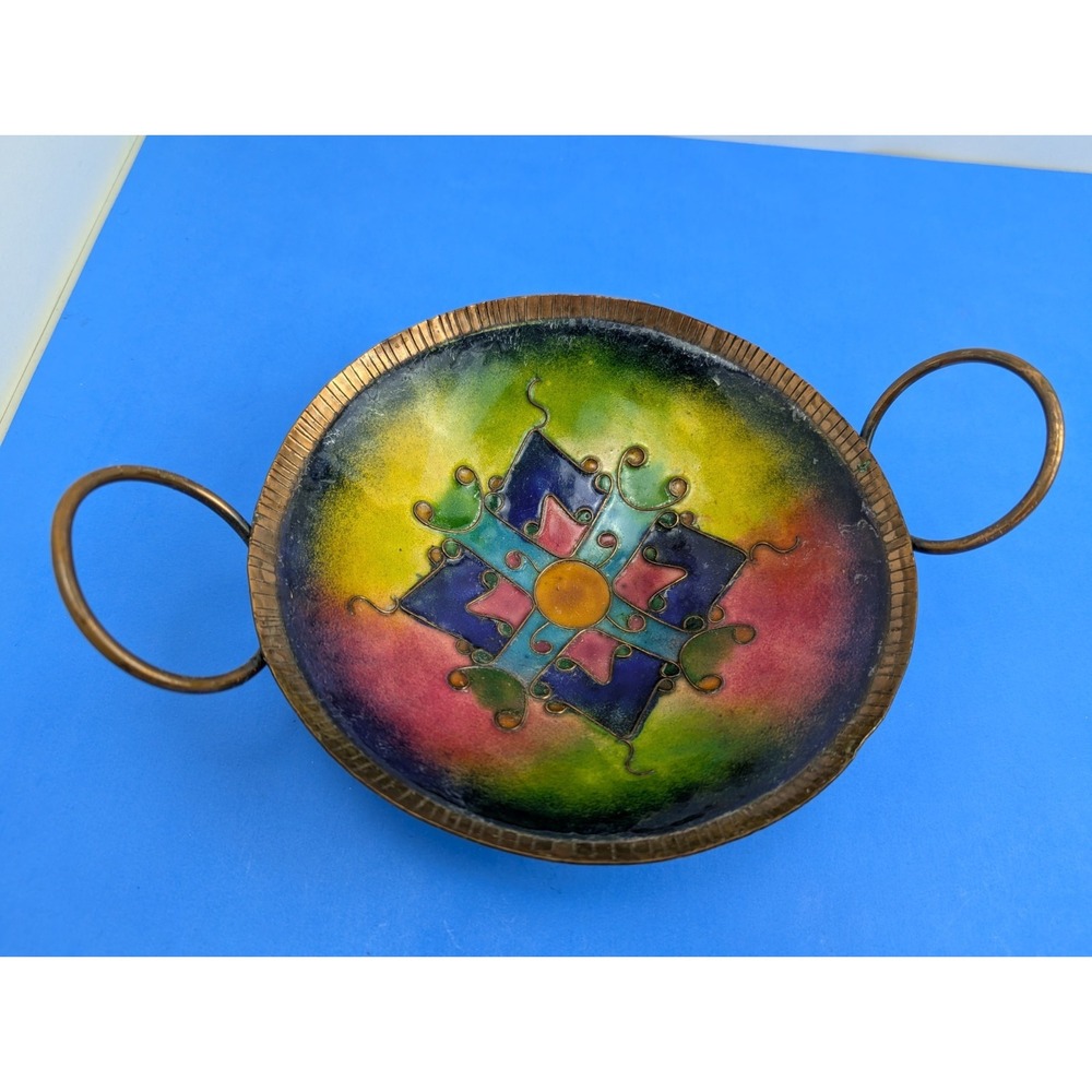 Vtg Indian Copper Brass Platter Prayer Colorful Enamel Bowl Platter Boho Handles